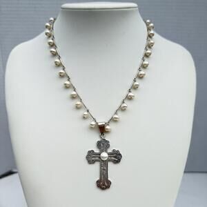 Vintage Sterling Silver Cross Necklace with Pearl Center Pendant.